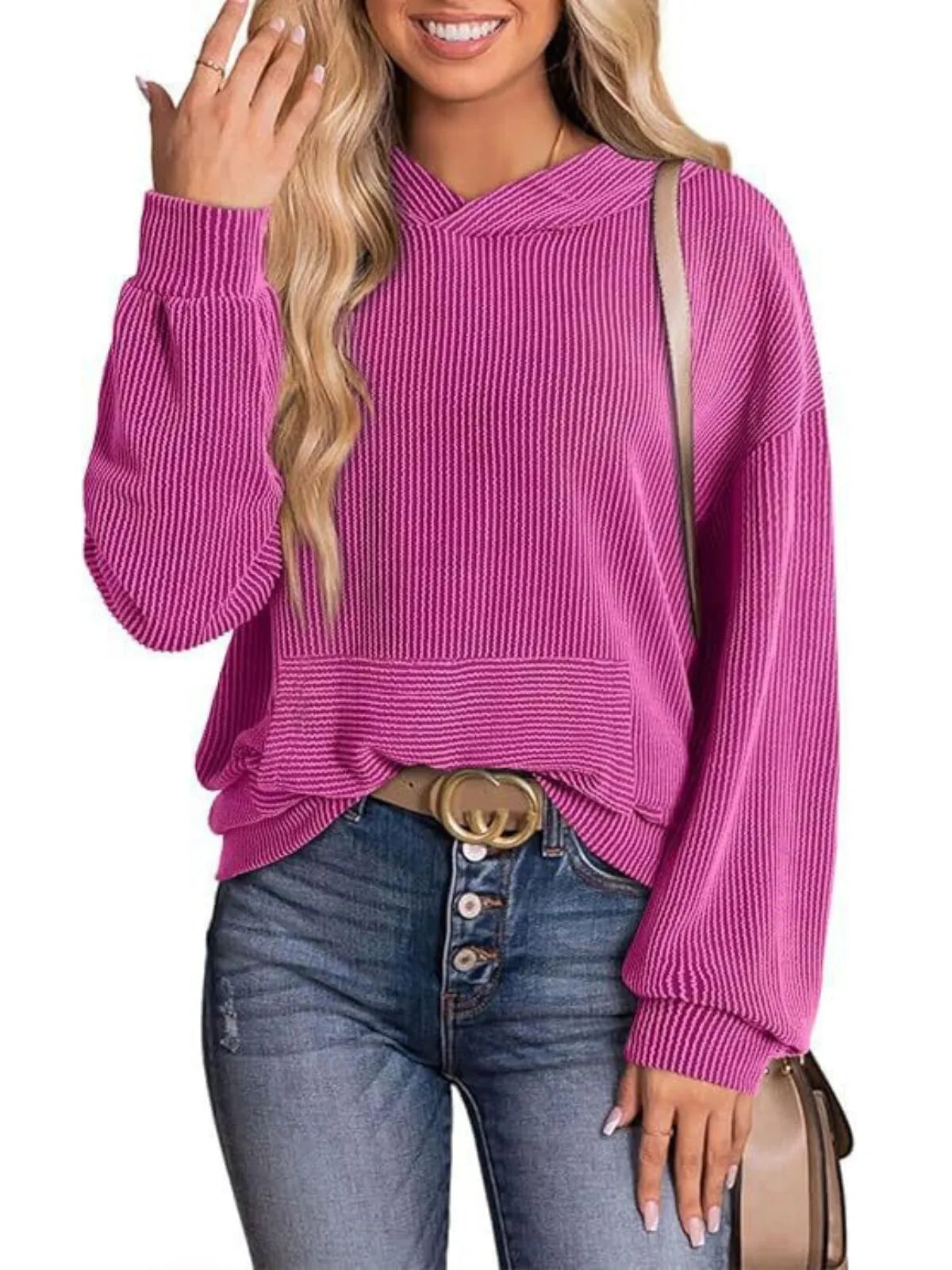 Solid Hooded Pullover Ribbed Knit Casual Loose Sweatshirt