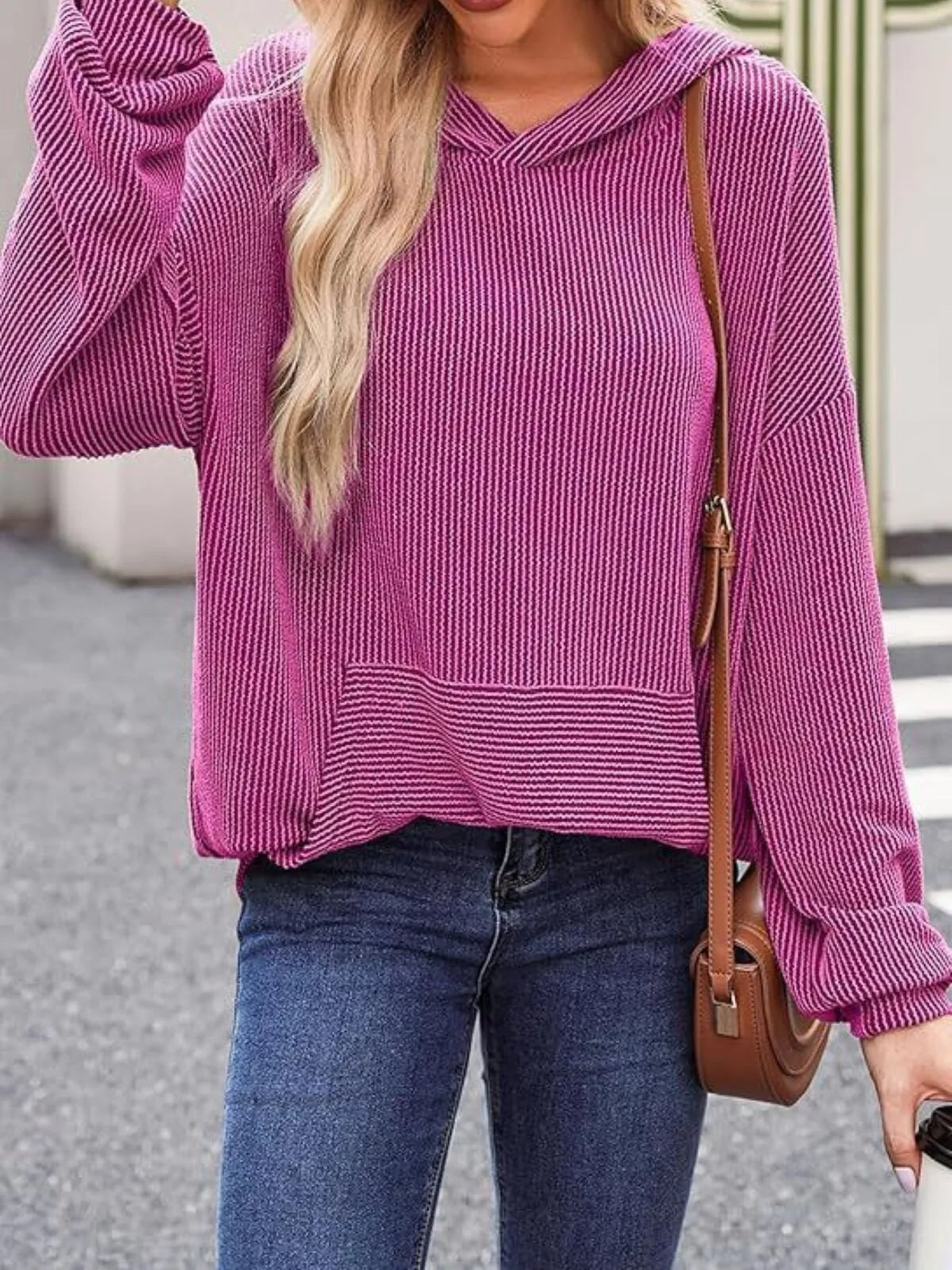 Solid Hooded Pullover Ribbed Knit Casual Loose Sweatshirt