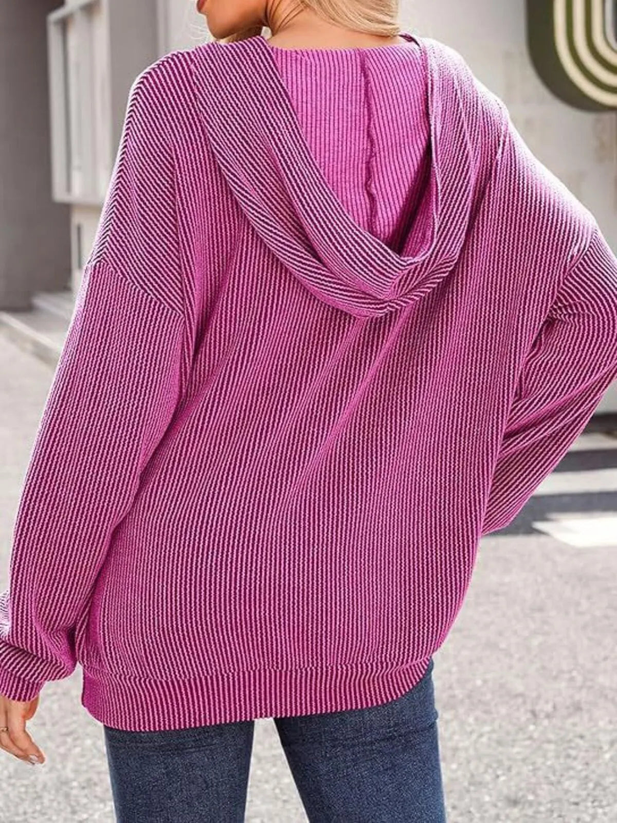 Solid Hooded Pullover Ribbed Knit Casual Loose Sweatshirt