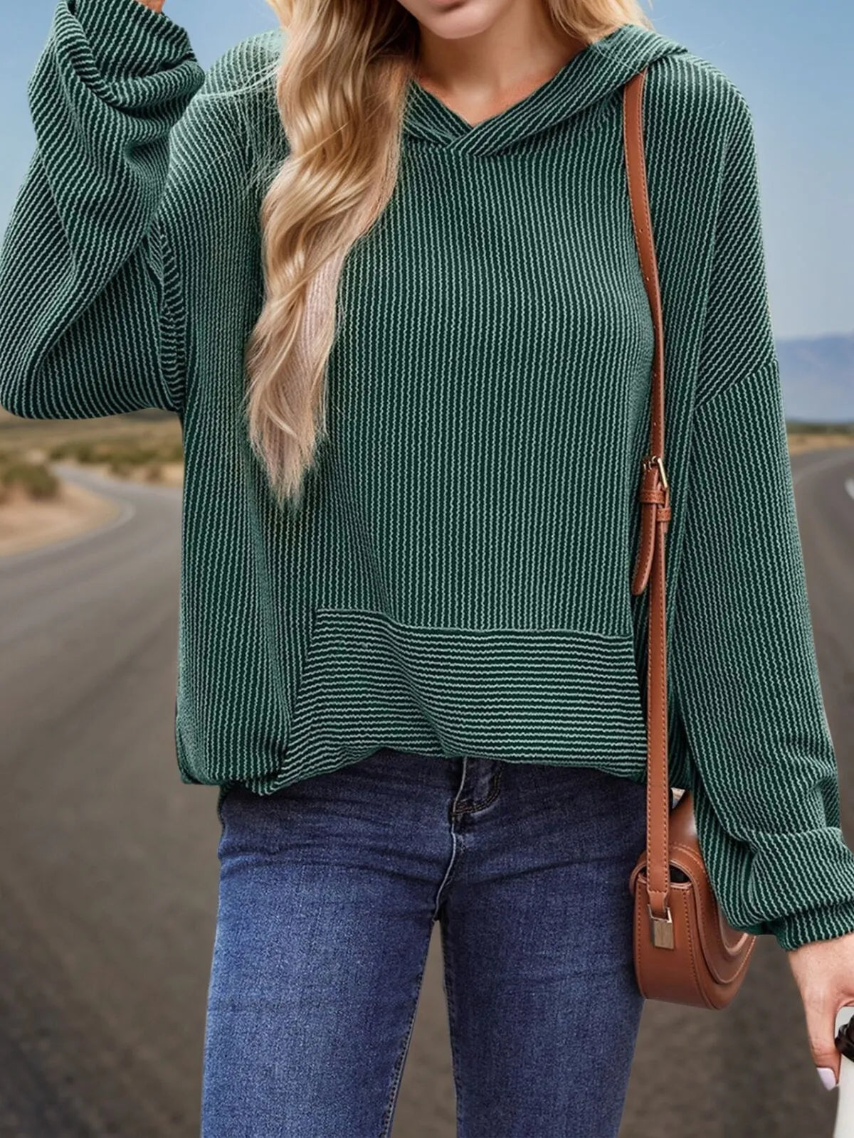 Solid Hooded Pullover Ribbed Knit Casual Loose Sweatshirt
