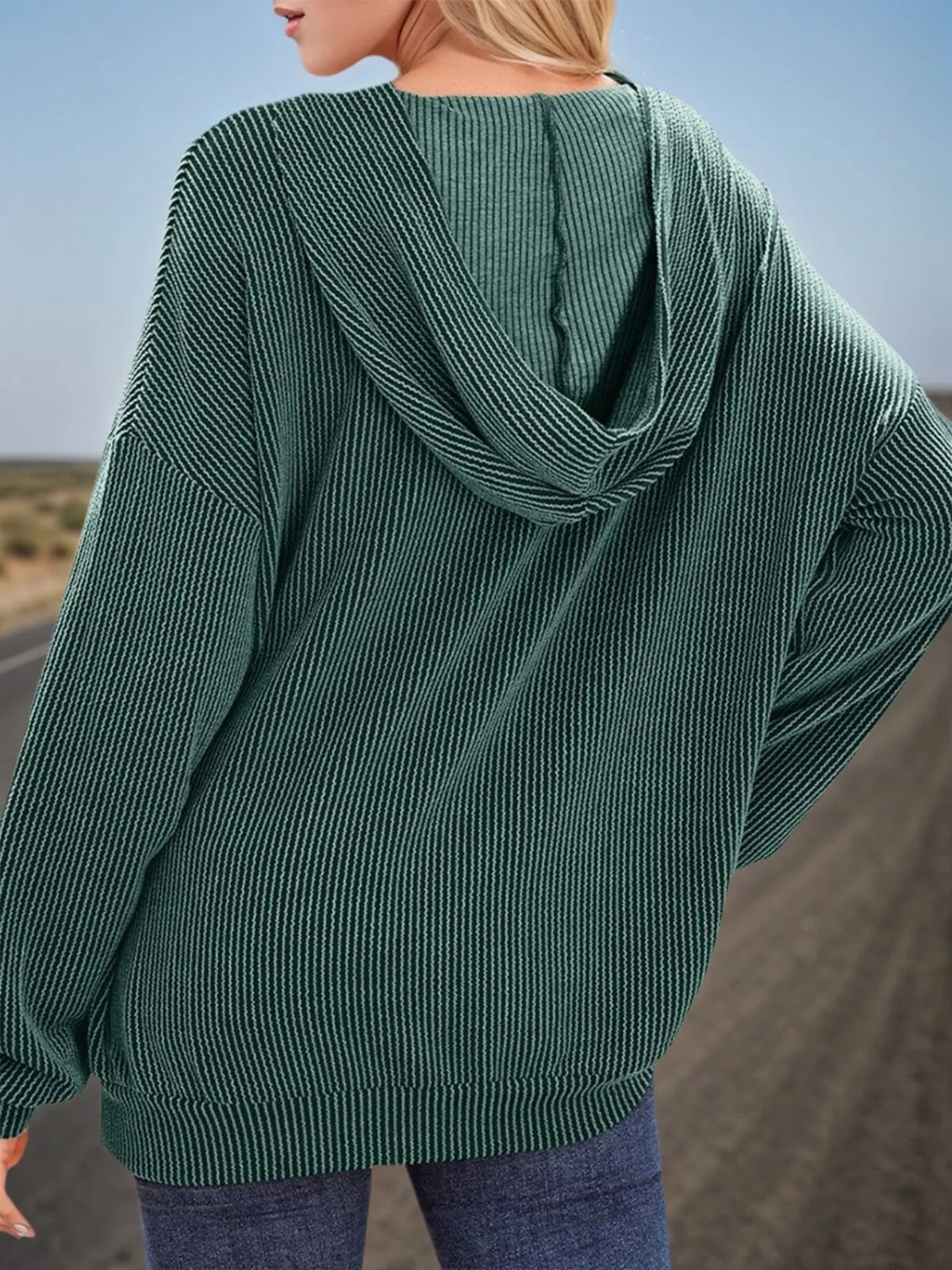 Solid Hooded Pullover Ribbed Knit Casual Loose Sweatshirt
