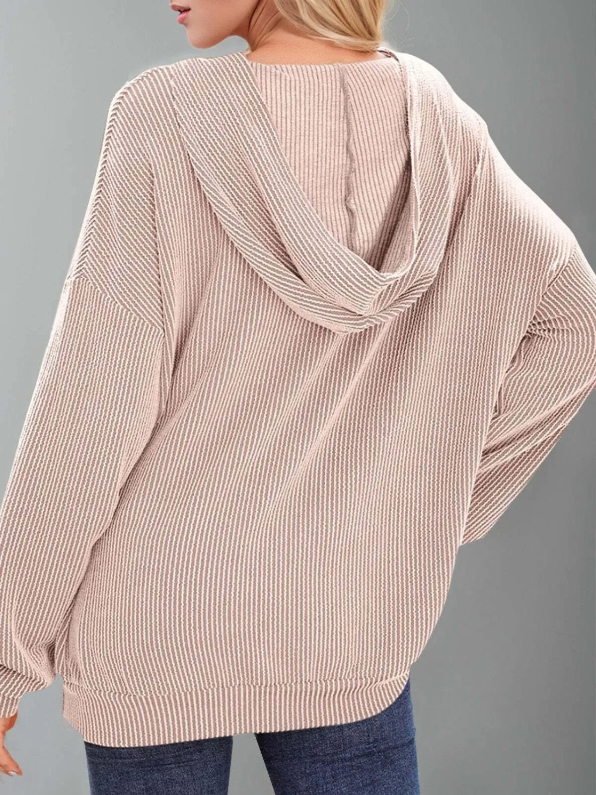 Solid Hooded Pullover Ribbed Knit Casual Loose Sweatshirt