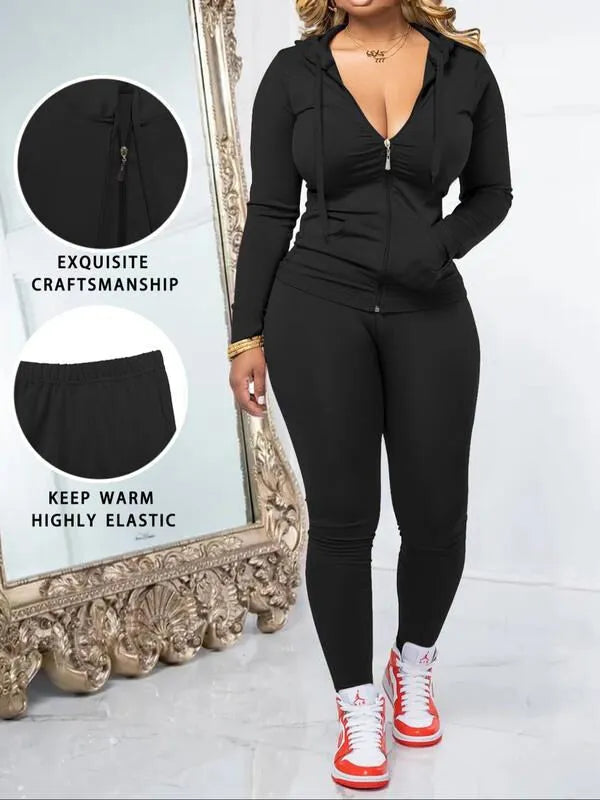 Fall Casual Soft Zipper Hoodie with Pocket and Skinny Pants Set