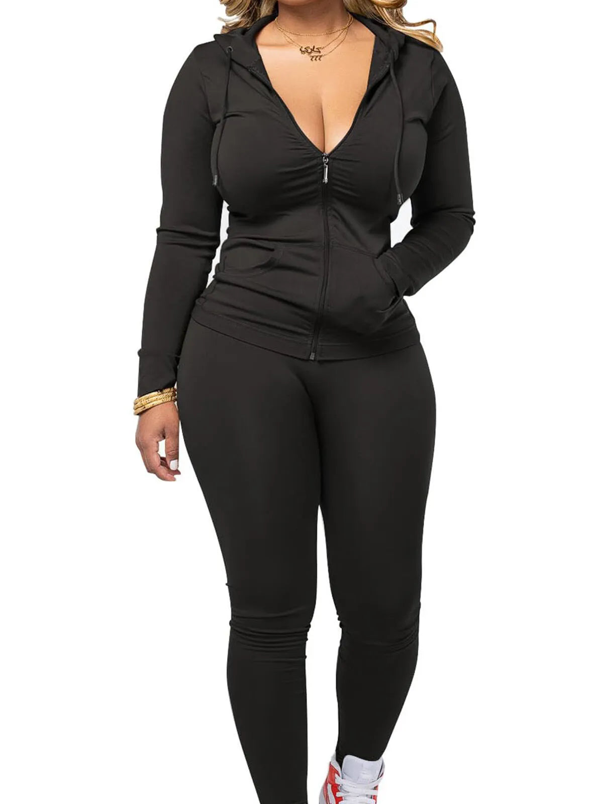 Fall Casual Soft Zipper Hoodie with Pocket and Skinny Pants Set