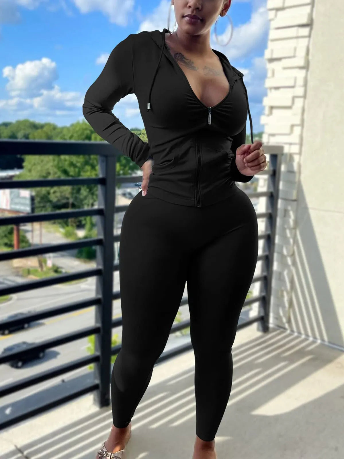 Fall Casual Soft Zipper Hoodie with Pocket and Skinny Pants Set