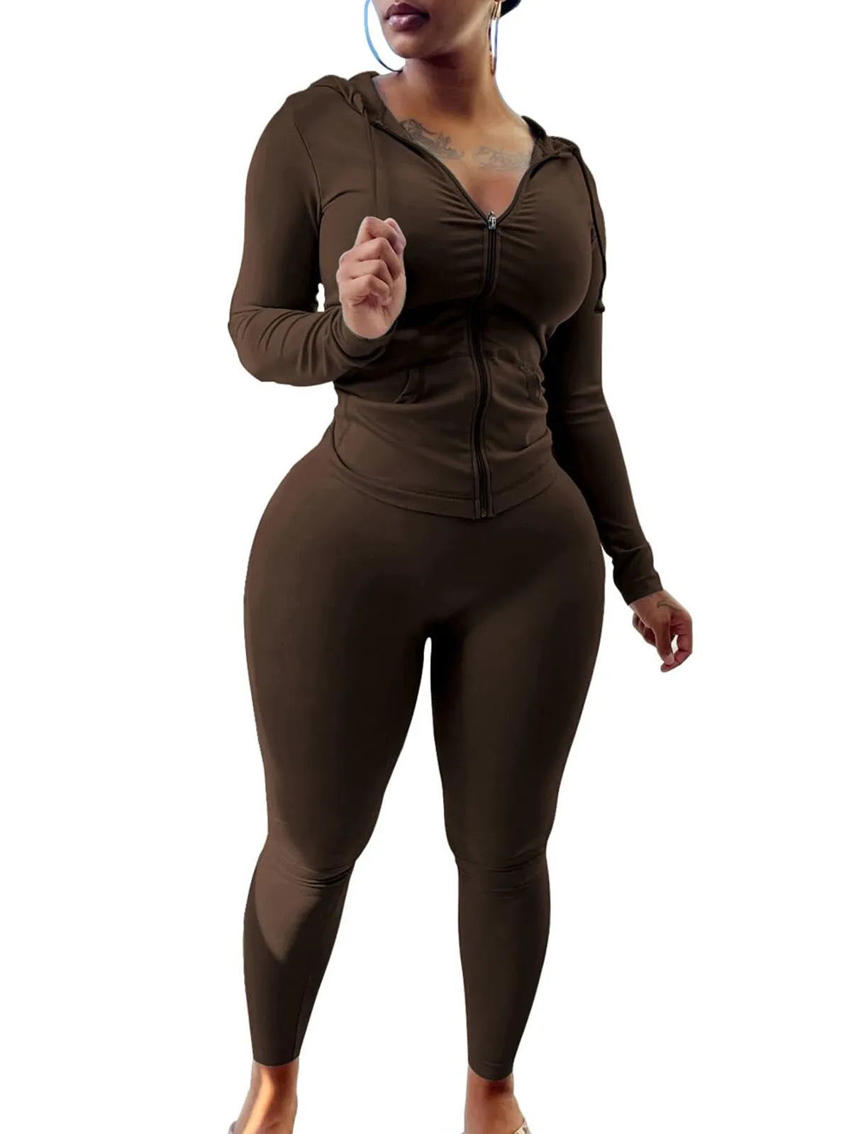 Fall Casual Soft Zipper Hoodie with Pocket and Skinny Pants Set