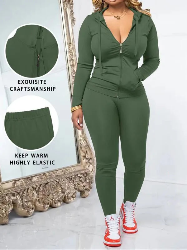 Fall Casual Soft Zipper Hoodie with Pocket and Skinny Pants Set