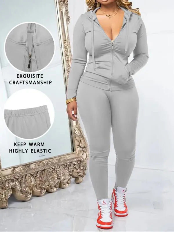 Fall Casual Soft Zipper Hoodie with Pocket and Skinny Pants Set