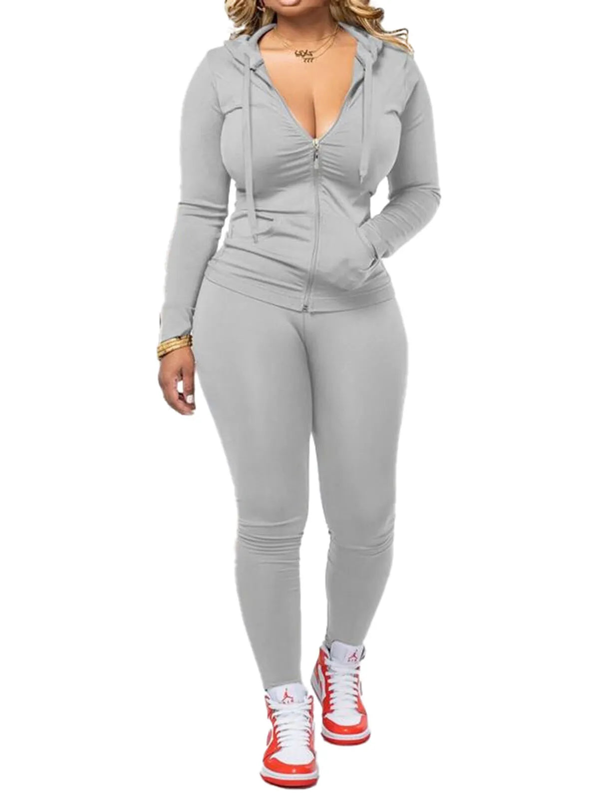 Fall Casual Soft Zipper Hoodie with Pocket and Skinny Pants Set