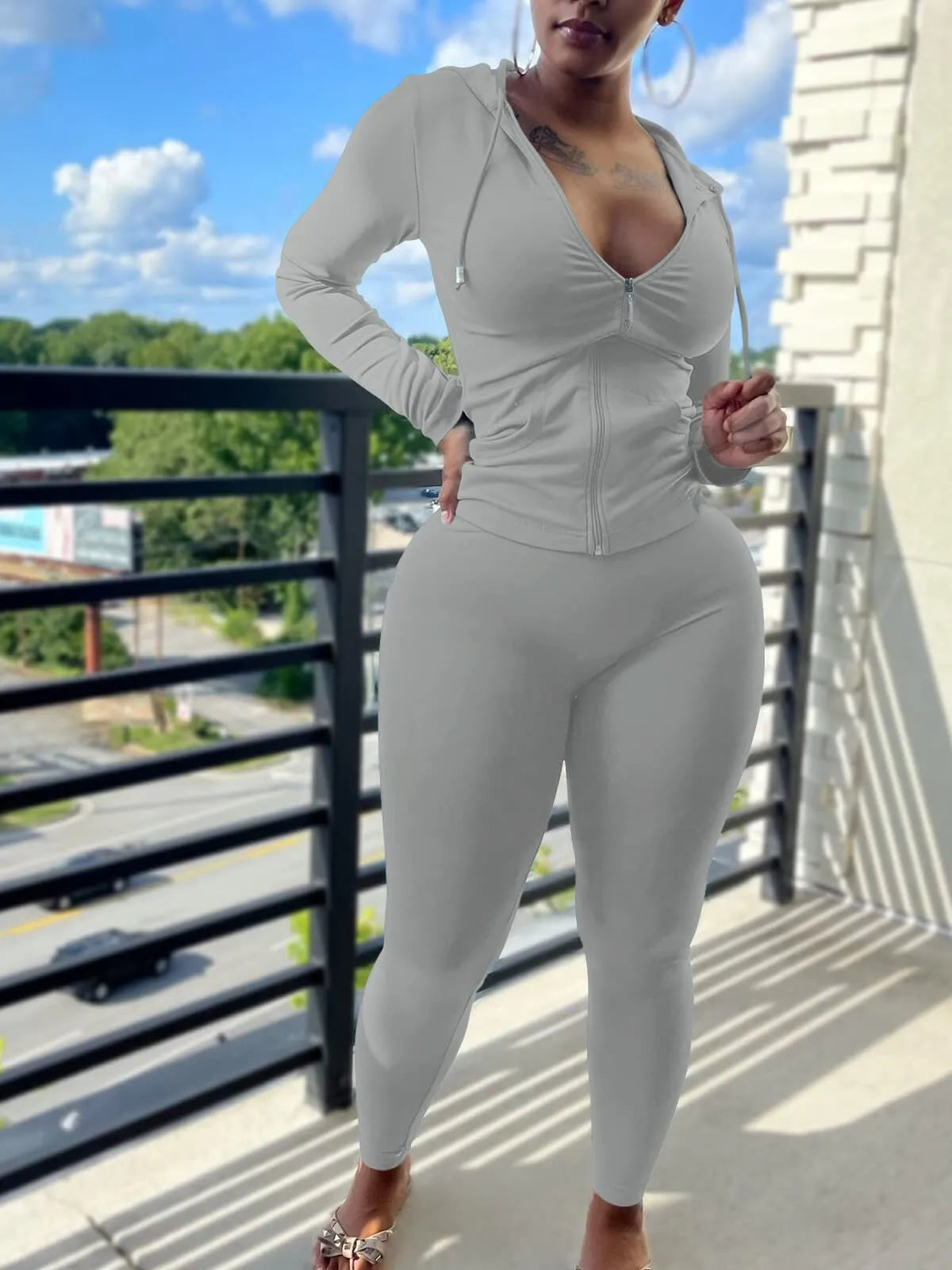 Fall Casual Soft Zipper Hoodie with Pocket and Skinny Pants Set