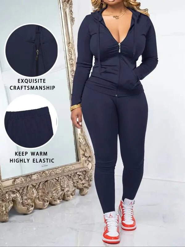 Fall Casual Soft Zipper Hoodie with Pocket and Skinny Pants Set