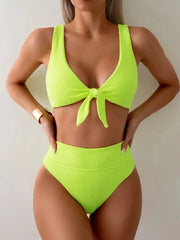 Solid Knot Spaghetti Strap Fabric Bikini 
