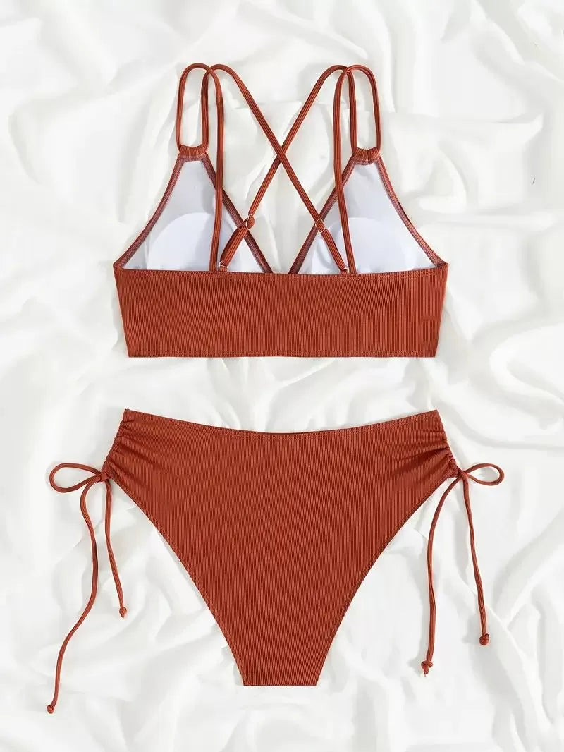 Solid Knot Fabric Spaghetti Strap Bikini