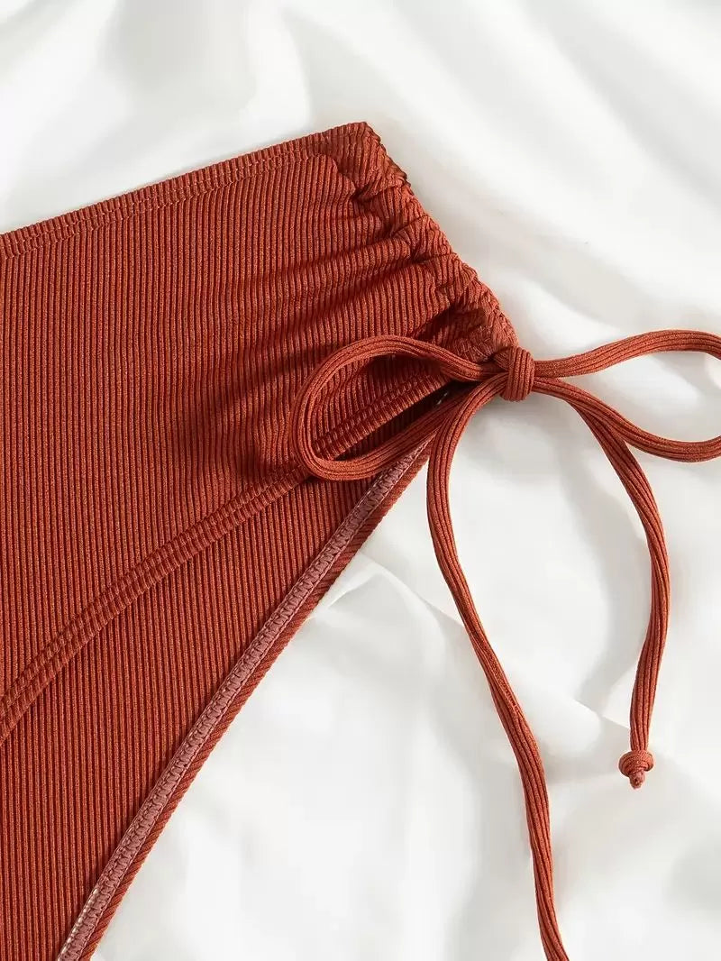 Solid Knot Fabric Spaghetti Strap Bikini