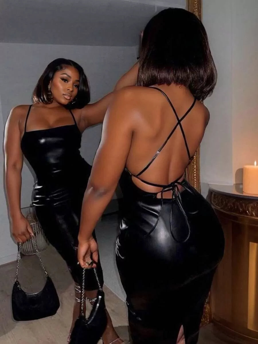 Solid Knot Spaghetti Strap Pu Leather Bodycon Dress