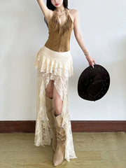 Solid Lace Tiered High Rise Mini Front Long Back Long Skirt