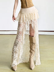 Solid Lace Tiered High Rise Mini Front Long Back Long Skirt