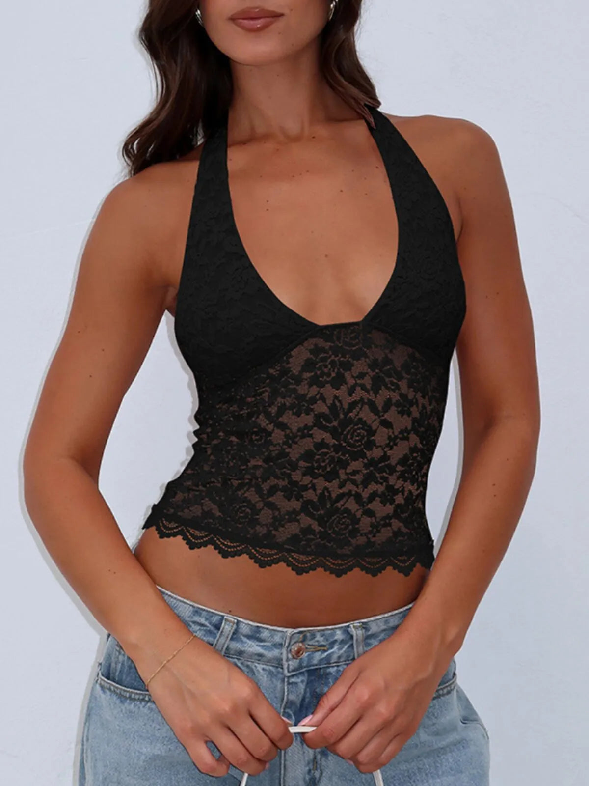 Solid Sheer Backless Halter Neck Top Slim Lace Cami