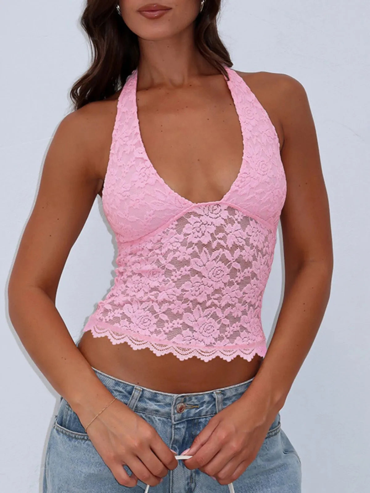 Solid Sheer Backless Halter Neck Top Slim Lace Cami