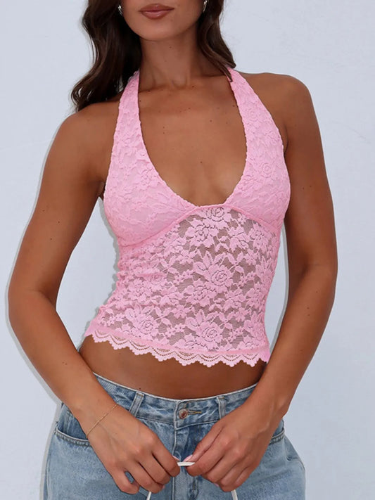Solid Sheer Backless Halter Neck Top Slim Lace Cami 1200