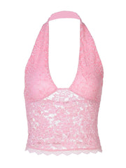 Solid Sheer Backless Halter Neck Top Slim Lace Cami
