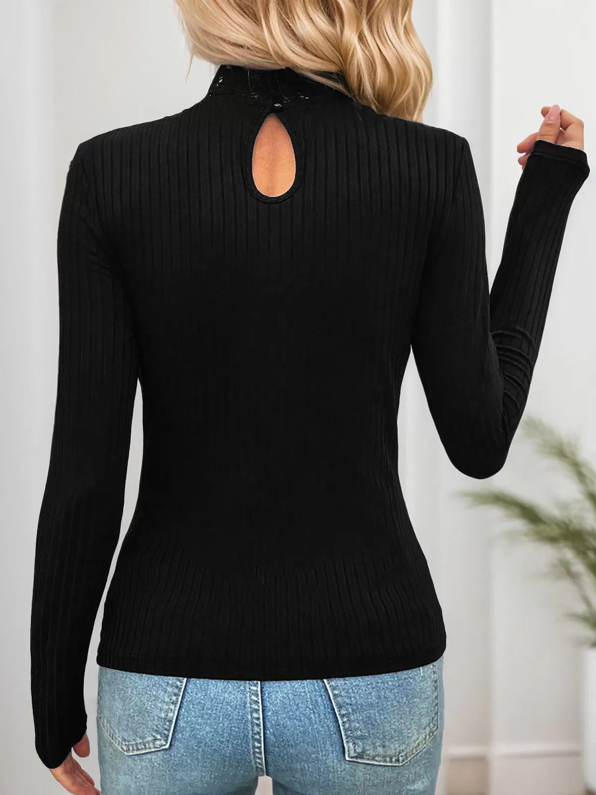 Solid Lace High Neck Mock Long Sleeve Blouse