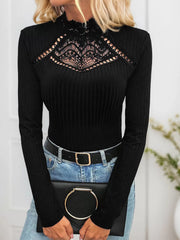 Solid Lace High Neck Mock Long Sleeve Blouse