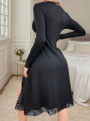 Solid Lace Regular Long Sleeve Split Nightgown