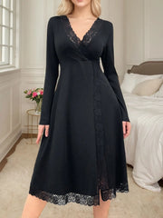 Solid Lace Regular Long Sleeve Split Nightgown