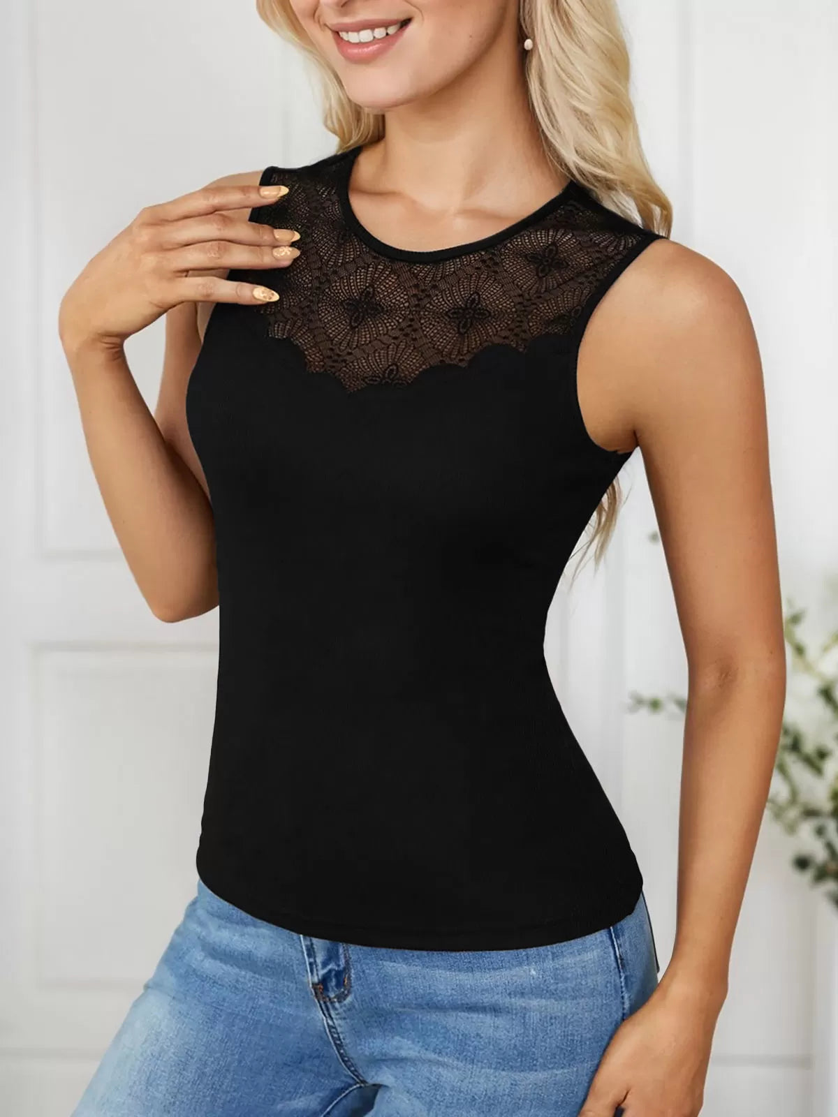Solid Lace Round Neck Tank