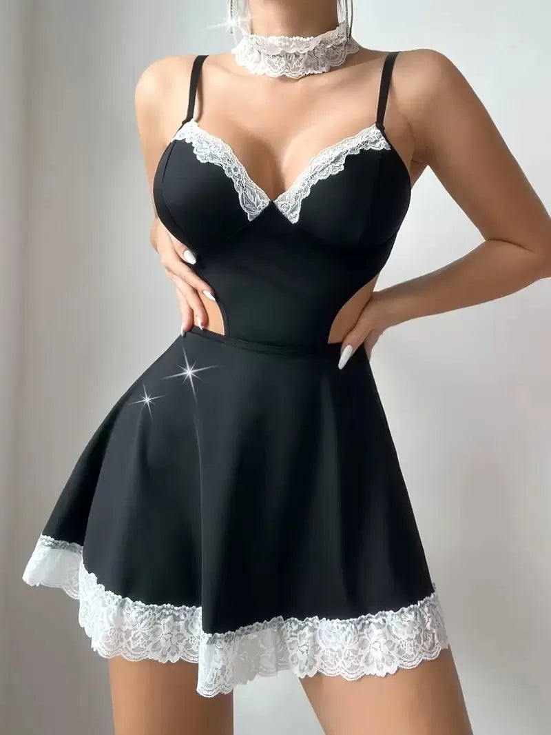 Solid Lace Cutouts Sexy Lingerie