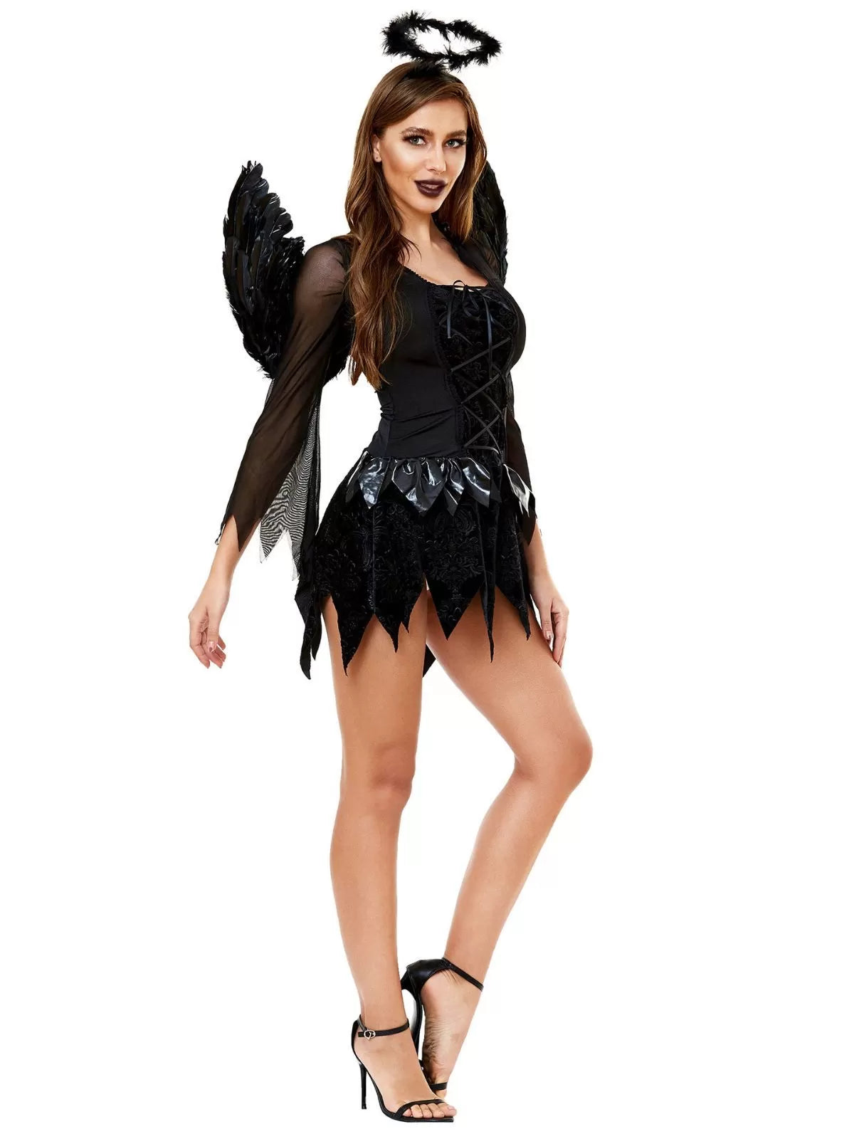 Solid Halloween Cosplay Dark Angel Witch Vampire Lace Spaghetti Strap Bubble Dress, Includes Wings, Headdress
