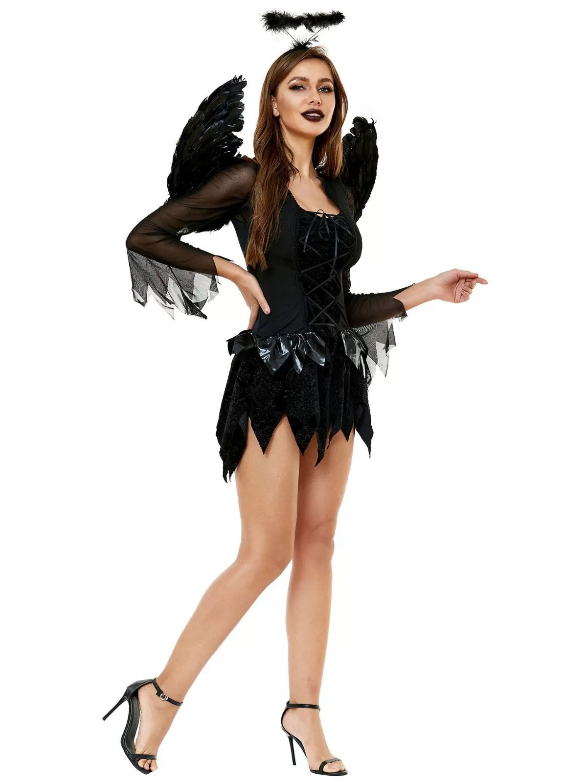 Solid Halloween Cosplay Dark Angel Witch Vampire Lace Spaghetti Strap Bubble Dress, Includes Wings, Headdress