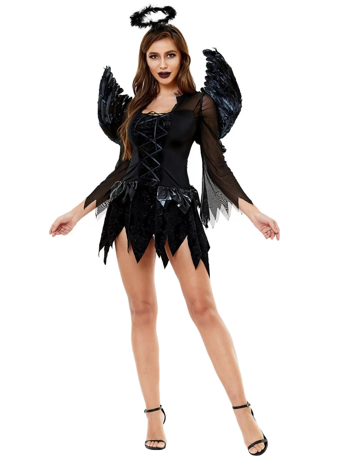 Solid Halloween Cosplay Dark Angel Witch Vampire Lace Spaghetti Strap Bubble Dress, Includes Wings, Headdress