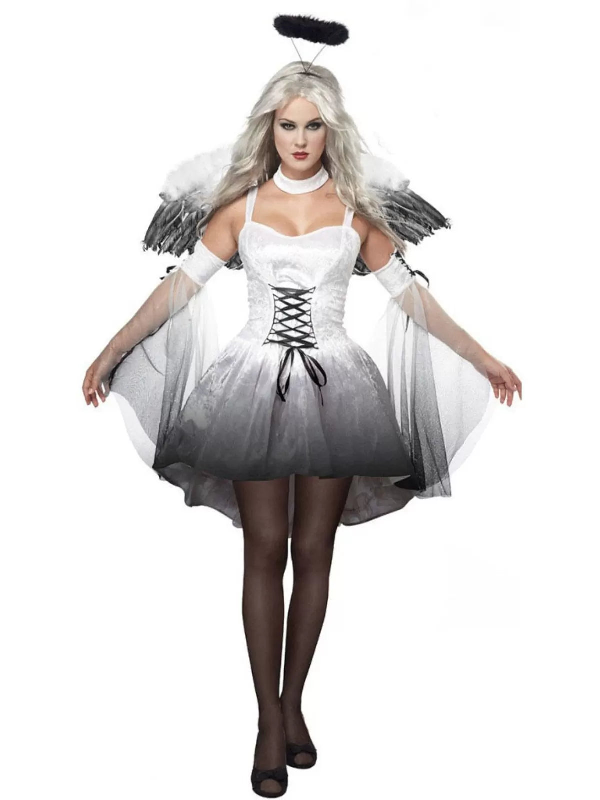 Solid Halloween Cosplay Dark Angel Witch Vampire Lace Spaghetti Strap Bubble Dress, Includes Wings, Headdress