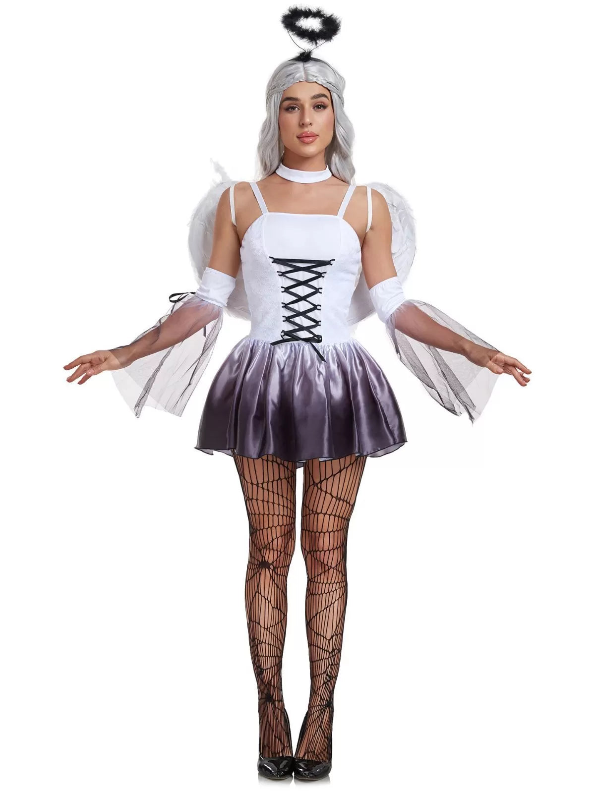 Solid Halloween Cosplay Dark Angel Witch Vampire Lace Spaghetti Strap Bubble Dress, Includes Wings, Headdress