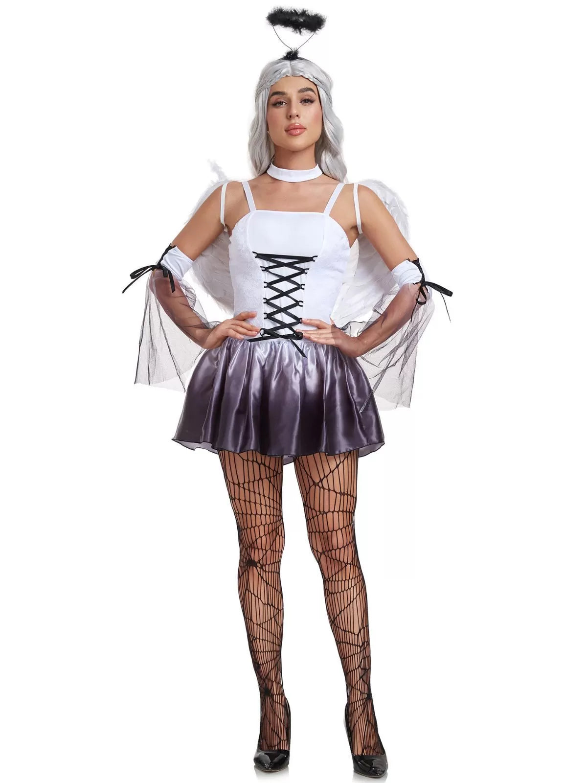 Solid Halloween Cosplay Dark Angel Witch Vampire Lace Spaghetti Strap Bubble Dress, Includes Wings, Headdress