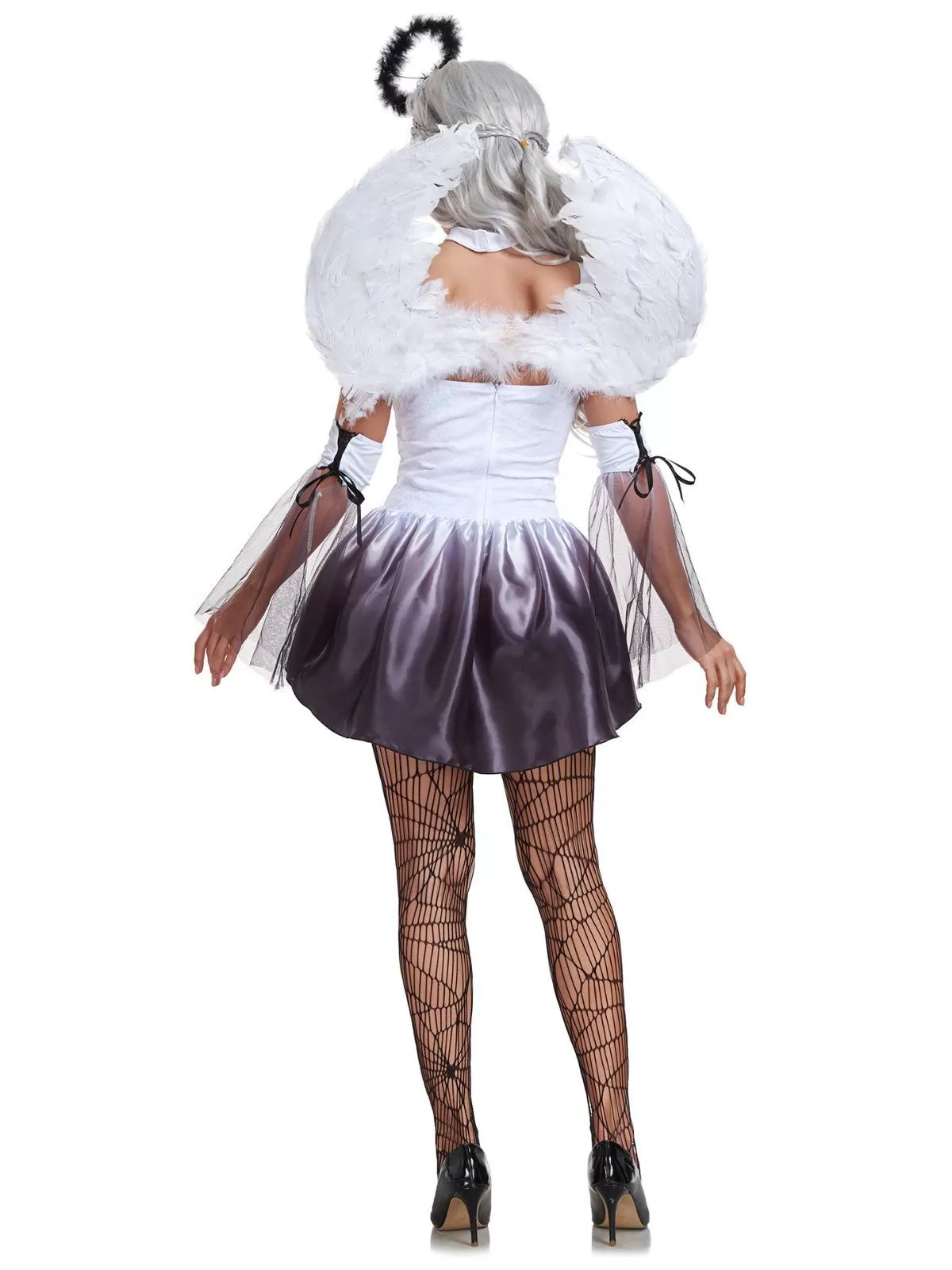 Solid Halloween Cosplay Dark Angel Witch Vampire Lace Spaghetti Strap Bubble Dress, Includes Wings, Headdress