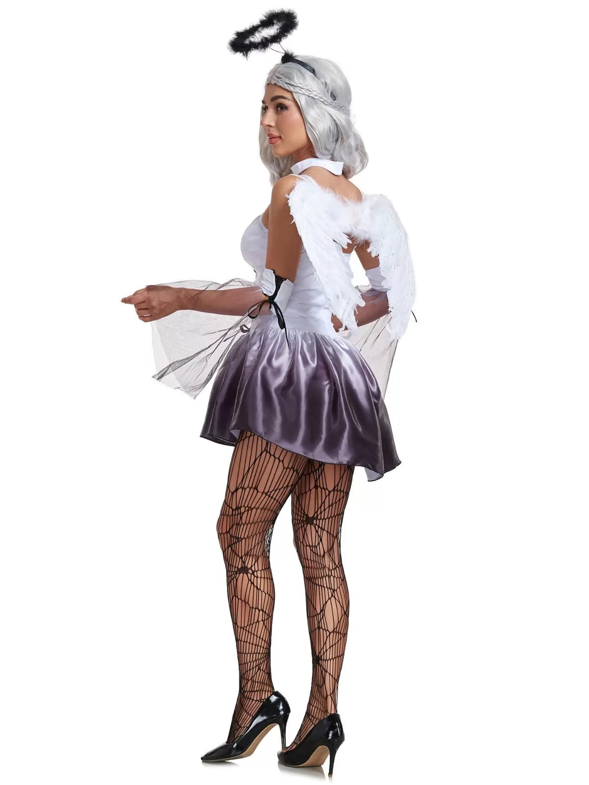 Solid Halloween Cosplay Dark Angel Witch Vampire Lace Spaghetti Strap Bubble Dress, Includes Wings, Headdress