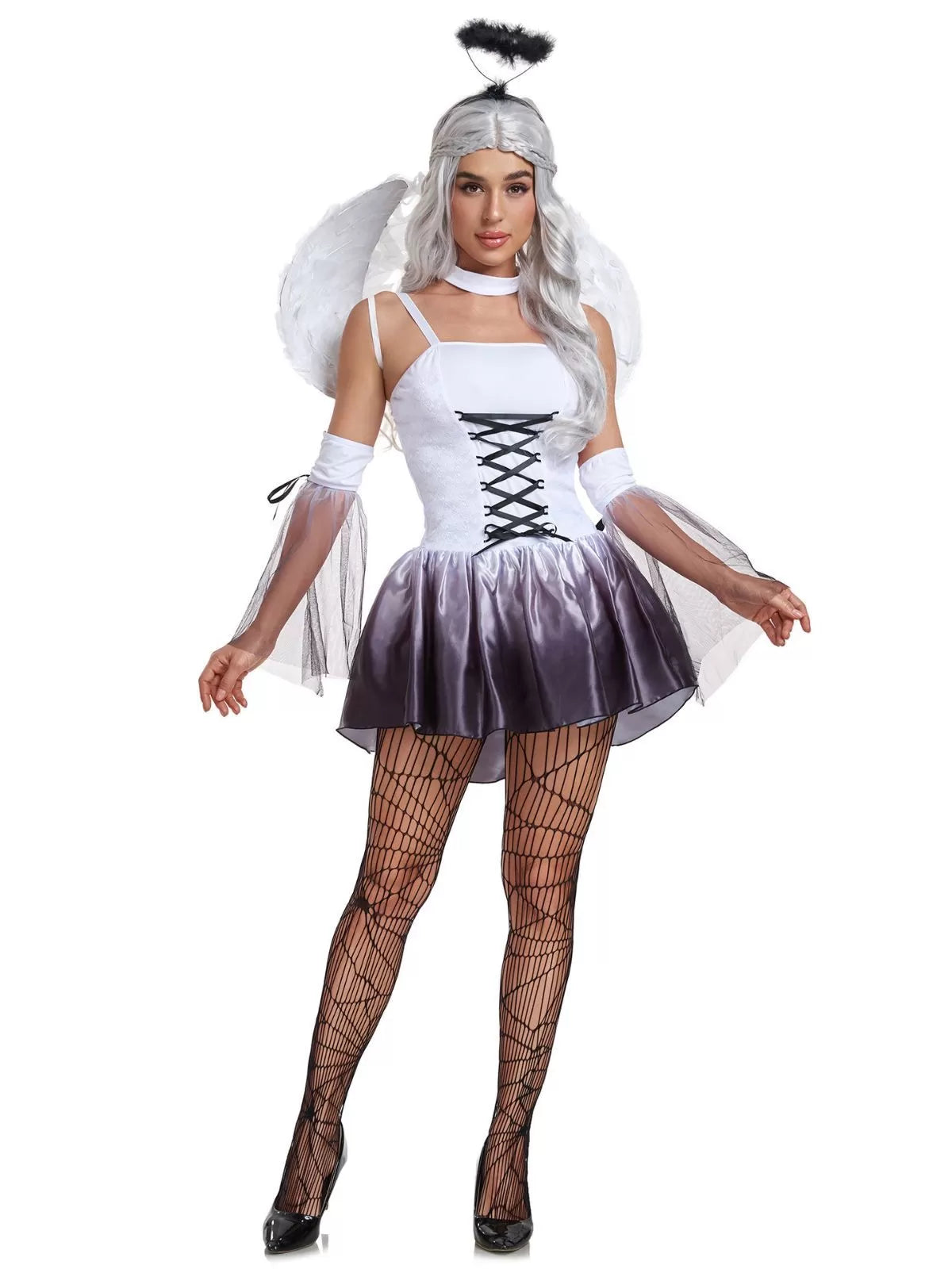 Solid Halloween Cosplay Dark Angel Witch Vampire Lace Spaghetti Strap Bubble Dress, Includes Wings, Headdress