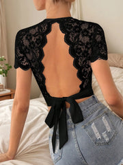 Solid Lace Square Neck Short Sleeve T-shirt