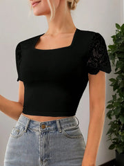 Solid Lace Square Neck Short Sleeve T-shirt