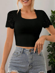Solid Lace Square Neck Short Sleeve T-shirt