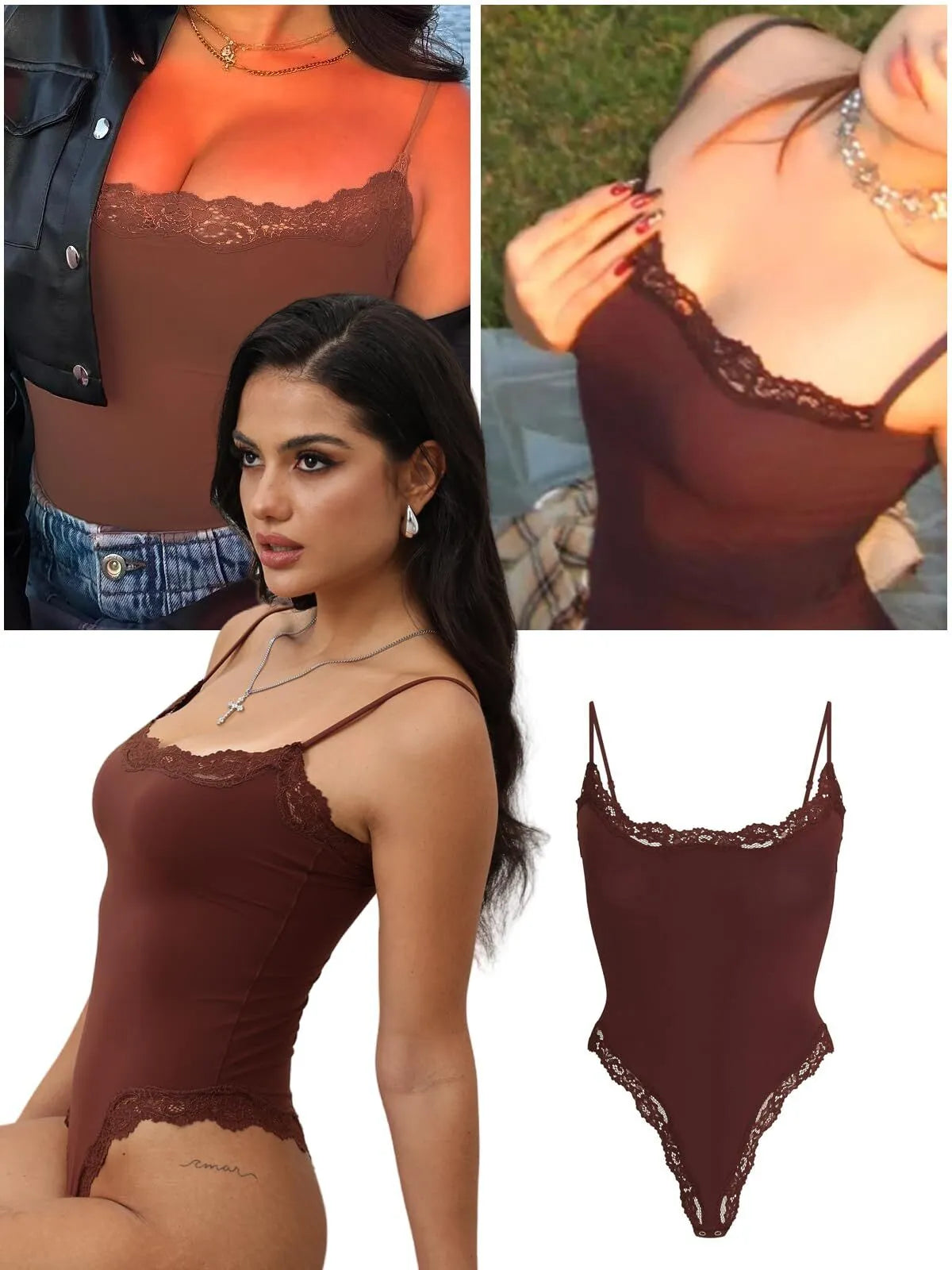 Sexy Lace Square Neck Spaghetti Strap High Rise Bodysuits 