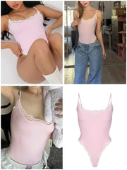 Sexy Lace Square Neck Spaghetti Strap High Rise Bodysuits 