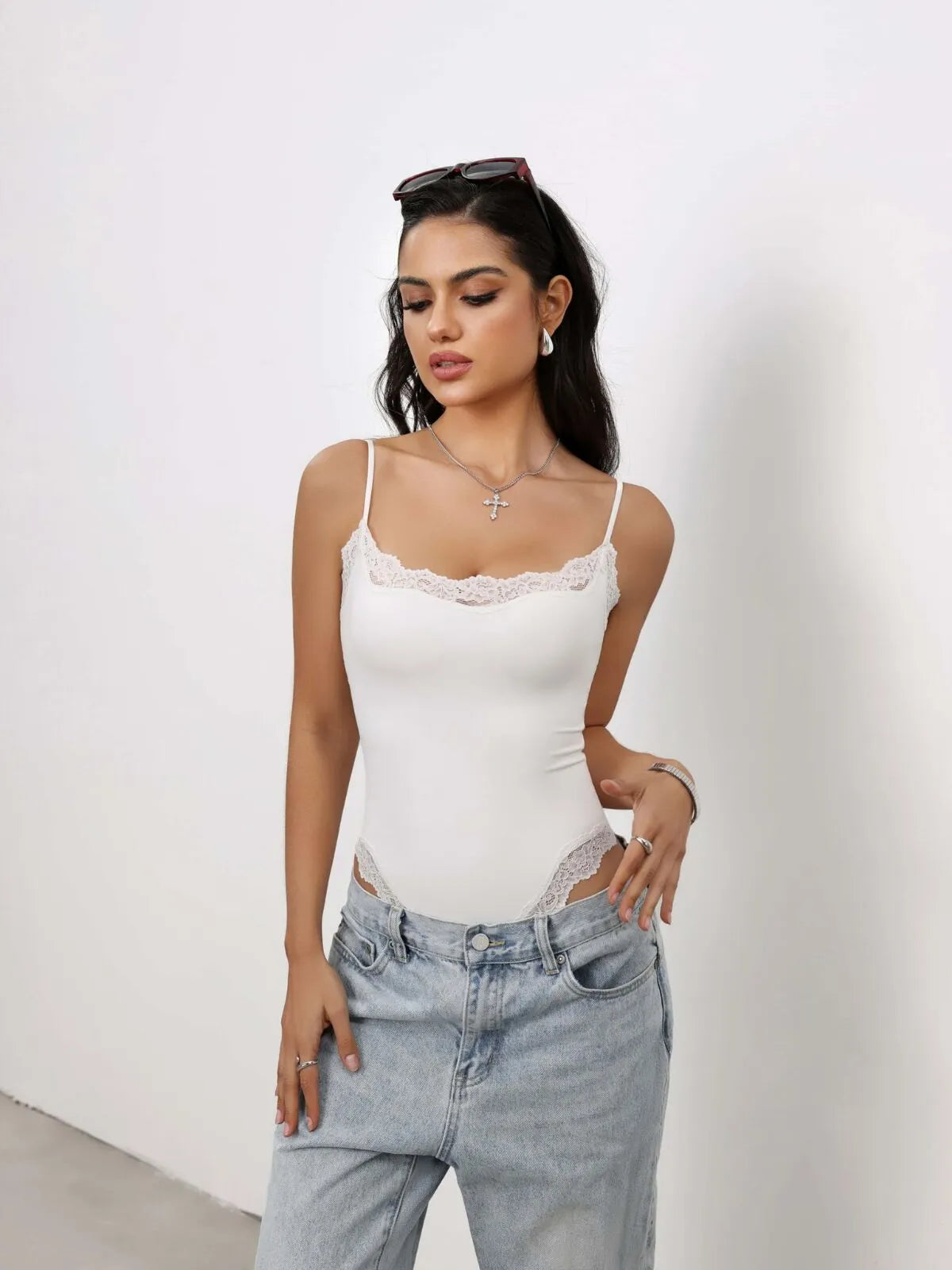 Sexy Lace Square Neck Spaghetti Strap High Rise Bodysuits 