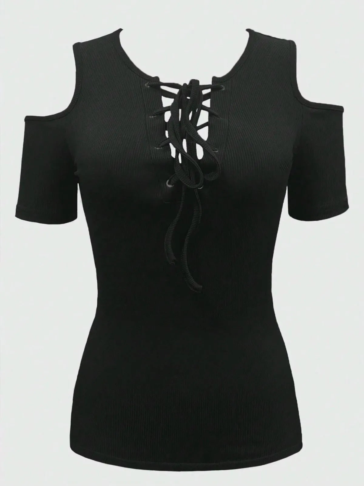 Solid Lace-up Deep V Neck Cold Shoulder Regular Blouse