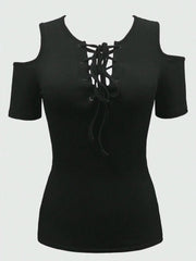 Solid Lace-up Deep V Neck Cold Shoulder Regular Blouse