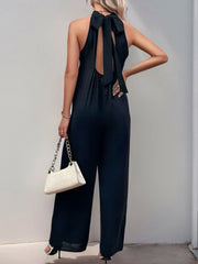 Solid Lace-up Halter High Rise Jumpsuits