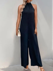 Solid Lace-up Halter High Rise Jumpsuits